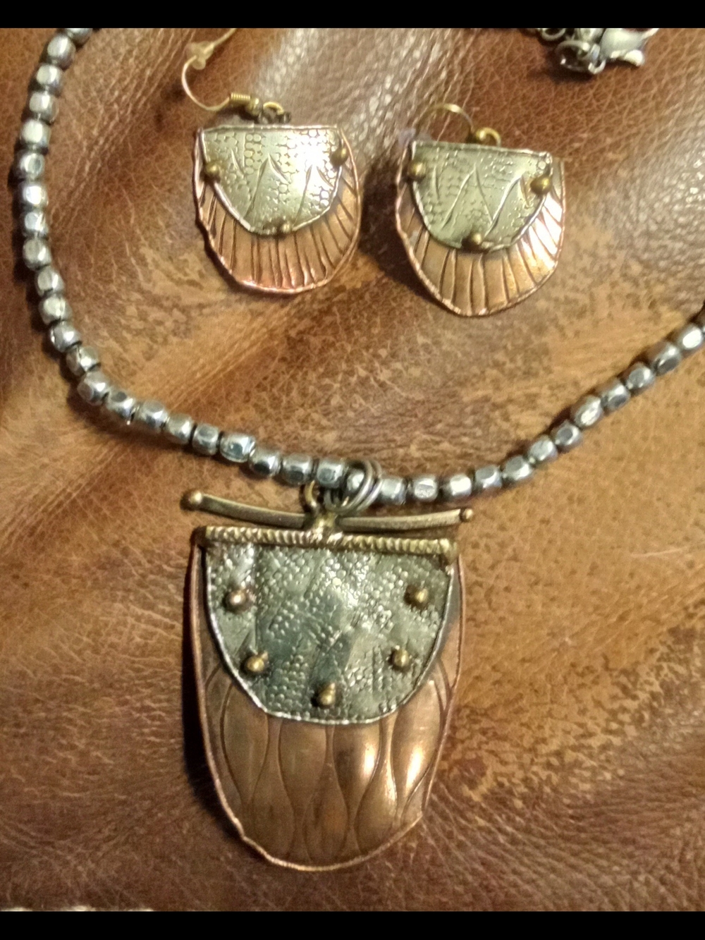 Copper and Silver Shield Necklace with Matching Earrings